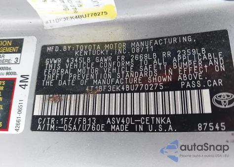 2011 Toyota Camry Le z USA, uszkodzony, nr VIN 4T1BF3EK4BU770275